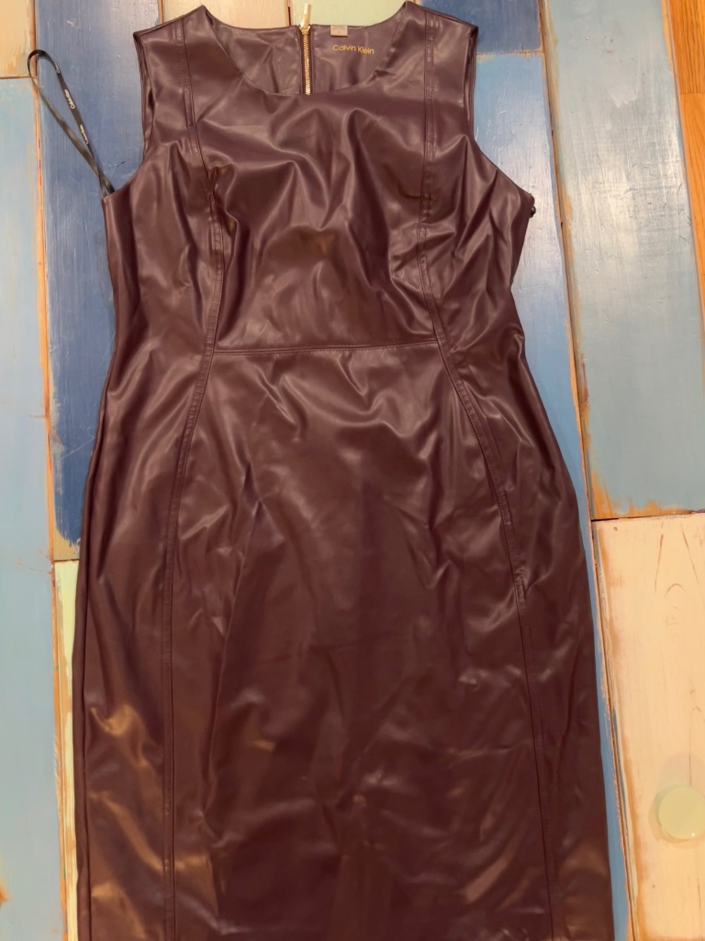 Calvin Klein Women's Size 14 Dark Brown Faux Leather Sleeveless Sheath Dress NWT